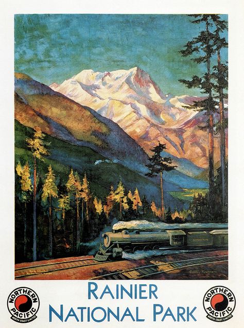 Train Posters, Railway Posters, Mount Rainier National Park, Washington Usa, Rainier National Park, National Park Posters, National Parks Trip, A4 Poster, United States Travel