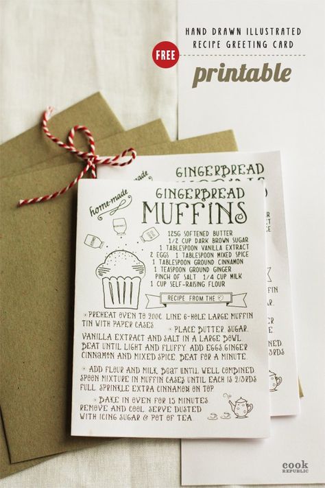 Free Printable – Hand Drawn Illustrated Christmas Recipe Greeting Card Template – Cook Republic Recipe Card Gift Ideas, Cute Recipe Book Ideas, Drawn Recipes, Cute Recipe Cards, Muffins Christmas, Christmas Muffins, Recipes Cards, Christmas Recipe Cards, Recipe Gift