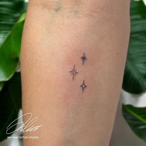 ✨sparks✨ #tattoo #smalltattoo #tattooideas #stars #fineline Sparkle Matching Tattoo, Sparkle Tattoo Forearm, Star Fineline Tattoo, Sparks Tattoo, Tattoo Sparkle, Firework Tattoo, Sparkle Tattoo, Small Clouds, Cloud Tattoo