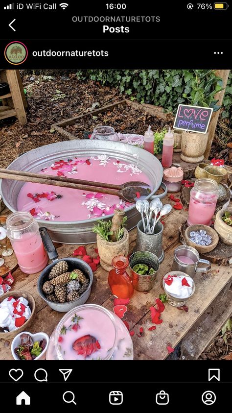 Valentines Forest School Ideas, Forest School Valentine Ideas, February Sensory Table Ideas, Valentines Outdoor Activities For Kids, Curiosity Approach Valentines Day, Outdoor Potion Station For Kids, Strawberry Sensory Play, Potion Making Eyfs, Sustainable Playground