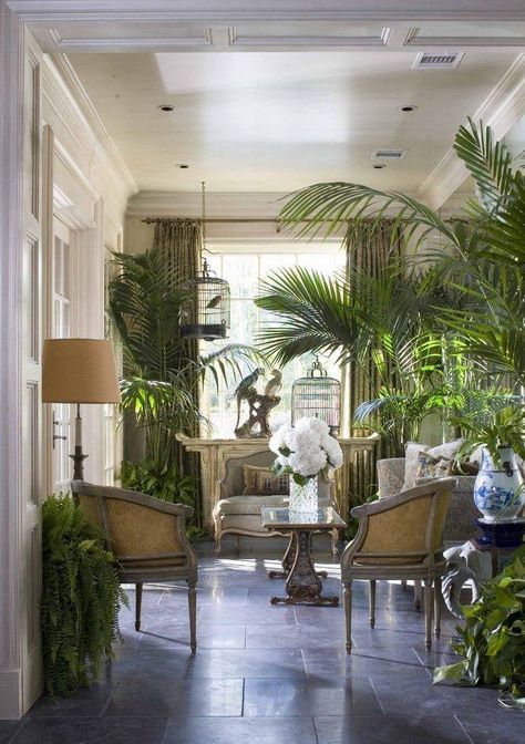 Victorian Sunroom, West Indies Decor, Tropical Decor Living Room, Victorian Conservatory, Tropical Living Room, West Indies Style, Traditional Porch, Lots Of Plants, British Colonial Decor