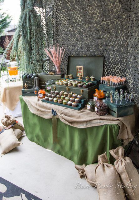 Military, Nerf, Camo / Birthday "Devyn's Nerf War Birthday Bash" | Catch My Party Military Trunk Or Treat, Camo Backdrop, Camo Birthday Party Ideas, Military Themed Party, Halo Birthday Parties, Army Party Decorations, Soldier Party, Camo Birthday Party, Camouflage Party