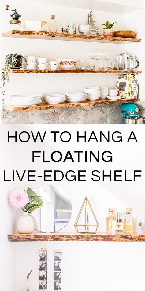 Learn how to hang solid wood floating shelves, perfect for hanging live-edge shelves. This is DIY that even a beginner can do! #DIY #floatingshelves #home #homdecor #homeDIY Solid Wood Floating Shelves, Live Edge Shelves, Diy Hanging Shelves, Diy Dresser Makeover, Wall Shelves Design, Solid Wood Shelves, Floating Shelves Diy, Diy Dresser, How To Hang