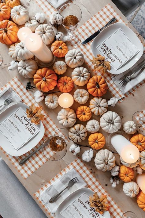 How to Create a Gorgeous Thanksgiving Tablescape | MomTrends Thanksgiving Table Settings Centerpieces, Tablescape Thanksgiving, Diy Thanksgiving Centerpieces, Pumpkin Tablescape, Thanksgiving Dinner Table Decorations, Thanksgiving Dinner Party, Fall Dinner Party, Thanksgiving Dinner Table, Dinner Party Themes