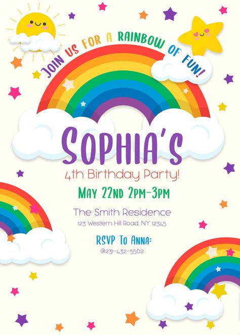 9+ Colorful Rainbow Invitation Card Templates For Your Delightful Birthday Party | Download Hundreds FREE PRINTABLE Birthday Invitation Templates Rainbow Party Invitations, Rainbow Invitation, Rainbow Themed Birthday Party, About Rainbow, Birthday Invitation Card Template, First Birthday Posters, Rainbow Birthday Invitations, Rainbow Invitations, Free Printable Birthday Invitations