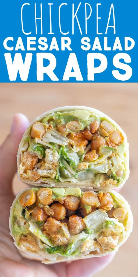 These Chickpea Caesar Salad Wraps are a great healthy, plant based lunch that can be made ahead of time and taken on the go! They're great for work lunches, hikes, picnics and more. The caesar dressing is made using tahini and goes so well with the seasoned chickpeas. Make with romaine lettuce or kale. #wraprecipe #vegetarian #grabandgolunch #healthylunch #caesarsalad Healthy Plant Based Lunch, Chickpea Caesar Salad, Wraps Recipes Vegetarian, Curried Chickpea Salad, Caesar Salad Wrap, Seasoned Chickpeas, Homemade Tahini, Vegetarian Meal Plan, Caesar Salad Recipe