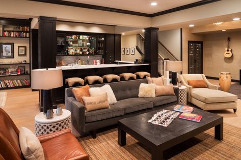 Rec Room Furniture Ideas, Basement Ideas For Entertaining, Open Basement Ideas Layout, Basement Entertainment Room Ideas, Cozy Basement Family Room, Basement Family Rooms, Transitional Basement, Rustic Basement Bar, Basement Flooring Options