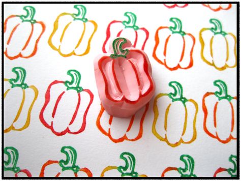 Produce Prep, Make Your Own Stamp, Diy Stamps, Eraser Stamp, Hand Carved Rubber, Sweet Bell Peppers, Soap Stamping, Lino Art, Sweet Peppers