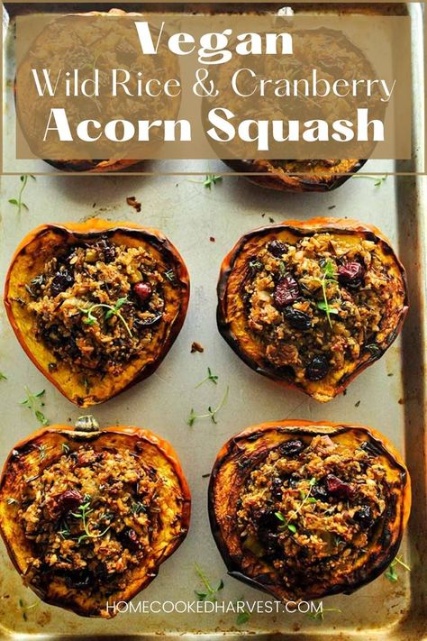 Vegan Stuffed Acorn Squash combines crunchy pecans, tart apples, fresh herbs, and tangy dried cranberries with earthy quinoa and wild rice for a healthy and hearty dish that’s full of the flavors of fall. This wild rice stuffed acorn squash makes the perfect Autumn worthy dish for Thanksgiving or any chilly day. Stuffed Honey Nut Squash Recipe, Vegan Acorn Squash Recipes, Rice Stuffed Acorn Squash Recipes, Stuffed Acorn Squash Vegan, Wild Rice Stuffed Acorn Squash Recipes, Wild Rice Stuffed Squash, Vegetarian Stuffed Acorn Squash, Acorn Squash Recipes Healthy, Acorn Squash Stuffed With Wild Rice