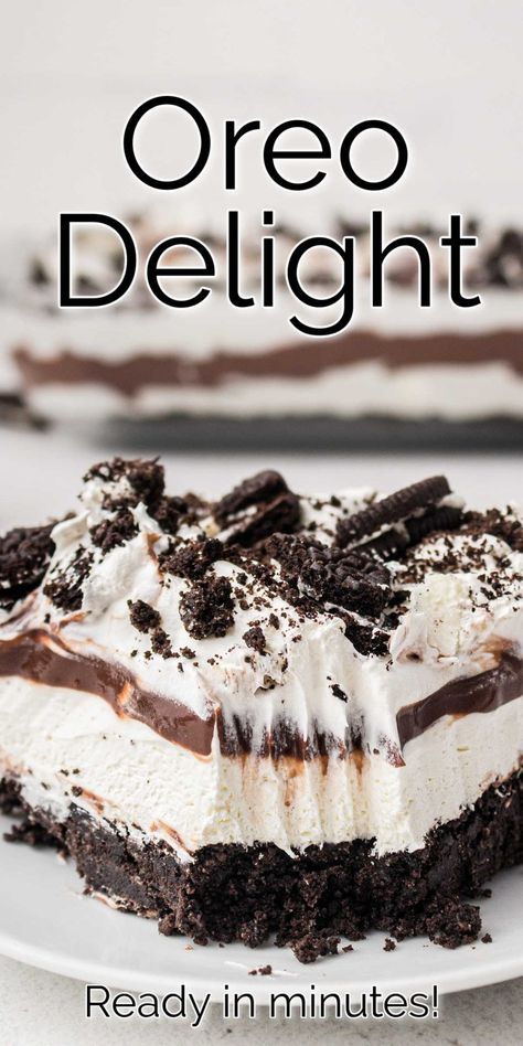 Oreo Delight features layers of rich chocolate pudding, sweetened cream cheese, whipped cream, and lots of Oreo cookies to create a decadent treat you will love. Oreo Delight Recipe, Pudding Whipped Cream, Cream Cheese Whipped Cream, Chocolate Pudding Cookies, Oreo Delight, Oreo Treats, Oreo Desserts, Oreo Dessert Recipes, Oreo Milkshake