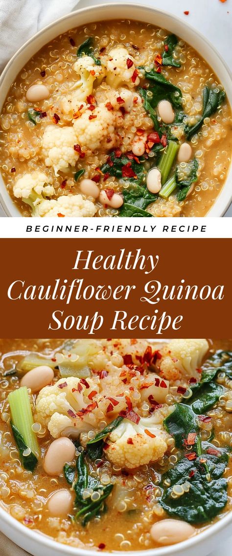 Image for Healthy Cauliflower Quinoa Soup Recipe Best Quinoa Recipes Dinners, Quinoa Veggie Soup, Quinoa Soup Recipes Healthy, Cauliflower Soup Recipes Healthy, Soup Quinoa, Cauliflower Stew, Quinoa Soup Recipes, Quinoa Recipes Dinner, Cauliflower Quinoa