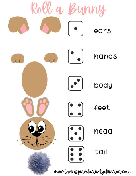 The first person to roll an entire bunny is the winner! Everyone gets a piece of paper and pen to draw the bunny body parts as they roll them. Fun for everyone! Bunny Activities, March Activities, Activity Director, Easter Printable, Easter Printables, Easter Activities, Bunny Easter, Kids Activity, Piece Of Paper