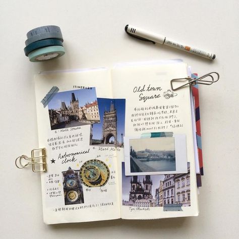 Travel journal pages and scrapbook inspiration - ideas for travel journaling, art journaling, and scrapbooking. Album Photo Voyage, Paper Playground, Travel Diary Travelers Notebook, Travel Journal Pages, Astronomical Clock, Travel Journal Scrapbook, Travel Art Journal, Buch Design, Travel Sketchbook