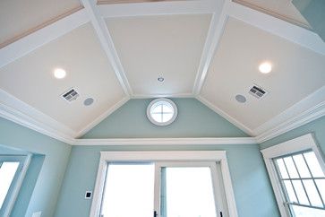 Low Profile Coffered Ceiling traditional-living-room - Stratton Blue Vaulted Coffered Ceiling, Low Profile Coffered Ceiling, Angled Tray Ceiling, Vaulted Ceiling Bedroom Ideas, Vaulted Bedroom Ceiling, Coffered Ceiling Bedroom, Coffered Ceiling Lighting, Luxury Guest Room, Trim Work Ideas