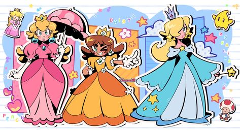 Super Mario Princesses, Peach Daisy Rosalina, Super Mario Peach, Mario Princesses, Super Mario Princess, Mario Fan Art, Nintendo Princess, Princess Daisy, Princesa Peach