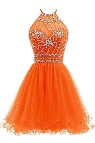 Prom Dress Orange, Short Orange Dress, Halter Homecoming Dress, Orange Homecoming Dresses, Orange Prom Dresses, Dress Beading, Homecoming Dress Short, Halter Cocktail Dress, Interesting Outfits