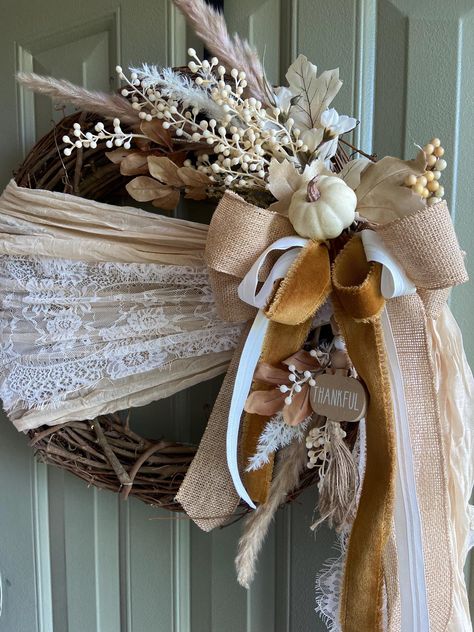 Grapevine Wreath Ideas, Neutral Wreath, Boho Wreath, Real Estate Gifts, Wreath Frame, Fall Front Door, Wreath Hanger, Fall Front, Thankful And Blessed