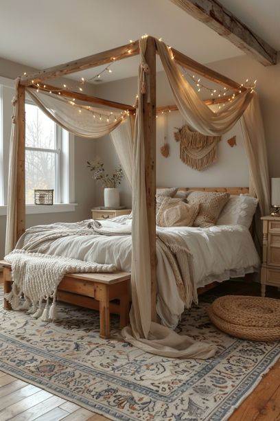 50+ AMAZING Unique BOHO Bedroom Decor Ideas (Wall, Furniture, Tips & a lot of Inspirations) Room Decor Bedroom Bohemian, Bedroom Bed Drapes, Four Poster Bed Decor, Bedroom Inspirations Four Poster Bed, Boho Four Poster Bed, Lights On Canopy Bed, 4 Post Bedroom Ideas, Poster Bed Bedroom Ideas, Canopy Bed Ideas Boho