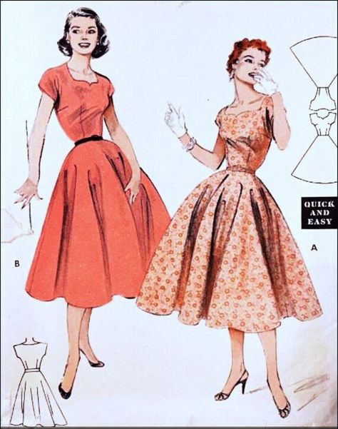 "Butterick 6937 Dress with Circle Skirt Size 14 Bust 32\" Waist 26.5\" Hips 35\" Pattern is Gently Used, Counted, Complete and Pressed My environment is Smoke and Pet Free Description: 1954; Quick & Easy Dress: Cut-Out Neckline. For gayer evening: a shimmering lace dress (full--lined) with dew-drop neckline, cropped sleeves, wide whirling skirt (View A). Alternate party favorite: no lining, choice of fabrics, higher neckline (View B). Don't pass up this Vintage Pattern because it is the wrong Si 1950 Dress Patterns, 50s Fashion Aesthetic, 50s Vintage Aesthetic, 1950s Fashion Casual, Coquette 60s, 50s Style Dresses, Mini Stage, 1940s Dress Pattern, 50s Clothing