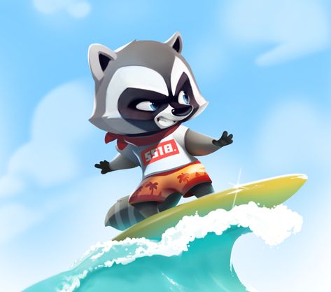 Raccoon surfer - Character design for the mobile game on Behance Games Characters, Game Illustration, Mobile Games, Poses References, Game Character Design, Character Design Animation, Racoon, Cartoon Character Design, A Cartoon