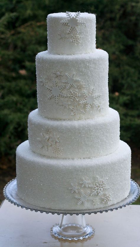 Christmas Wedding Themes, Christmas Wedding Cakes, Snow Party, Sanding Sugar, Snowflake Cake, Round Wedding Cakes, Frozen Snowflake, Snowflake Wedding, Snow Wedding