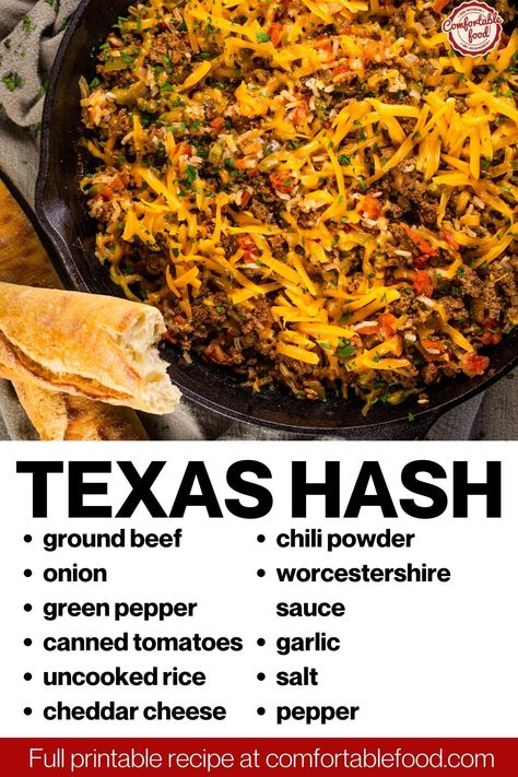 Texas Hash is the tried-and-true hearty, easy weeknight meal that is hard to beat! It is one of those comforting and tasty ground beef recipes that the whole family love, and it's ready to serve in just 40 minutes. Texas Beef Skillet, Beef And Hashbrown Recipes, Cast Iron Ground Beef Recipes, Texas Hash Recipe, Southern Hash Recipe, Mexican Ground Beef Recipes, Texas Hash, Hamburger Hash, Rice Side Dish Recipes