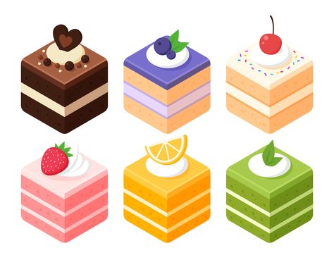 Collection of cube cake slices. Chocolate, strawberry, vanilla, matcha or green tea, orange, and blueberry cake. Isometric sweets icon. Cute cartoon vector illustration. Cafe sweet dessert menu. 13708090 Vector Art at Vecteezy Cute Tea Drawing, Cake Vector Illustration, Cute Cake Illustration, Cake Illustration Design, Cake Art Drawing, Carton Cake, Dessert Tattoo, Sweets Illustration, Cake Graphic