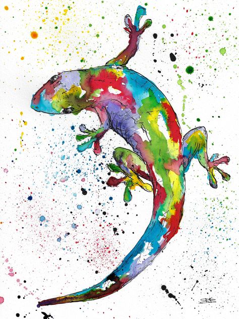 Funny Animal Watercolor Paintings, Watercolor Lizard, Gecko Painting, Colourful Animals, Reptile Art, Watercolor Art Face, Oil Pastel Paintings, Free Art Prints, Original Art Prints