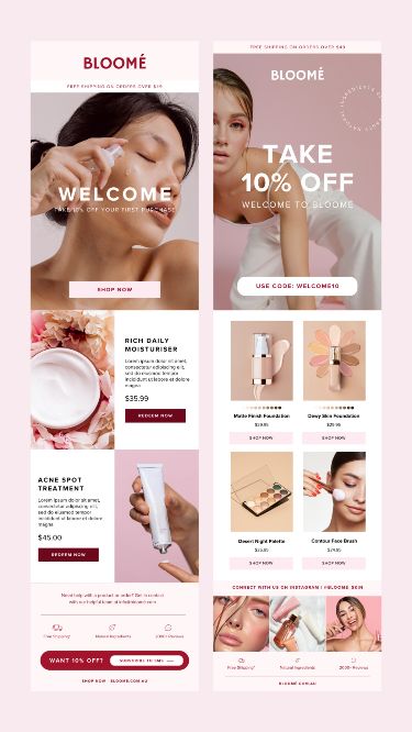 25 Pink Email Marketing Templates for Makeup & Skincare Businesses Email Marketing Newsletter Design, Email Newsletter Inspiration, Email Marketing Template Design, Newsletter Design Inspiration, Email Marketing Layout, Email Marketing Templates, Mailing Design, Email Layout, Newsletter Layout