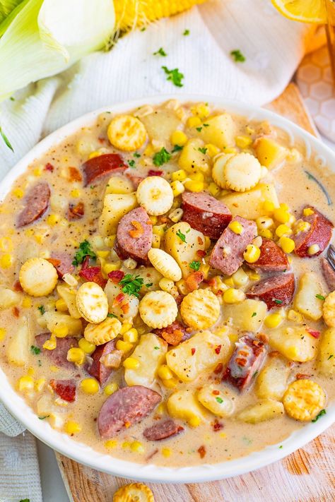 Corn Chowder With Kielbasa, Smoked Sausage Corn Chowder, Corn Chowder With Sausage, Recipe With Kielbasa, Creamy Corn Chowder Recipe, Creamy Corn Chowder, Easy Corn Chowder, Creamy Wild Rice Soup, 2024 Meals