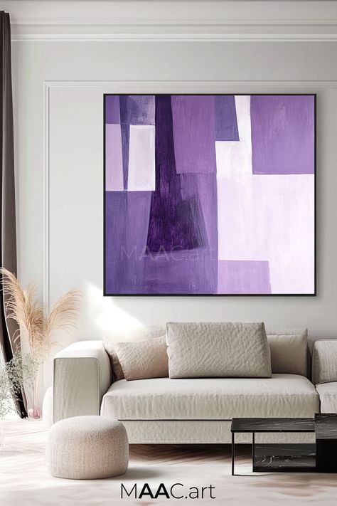 Original handmade purple abstract painting with geometric shapes in various shades, customizable sizes for modern wall art Purple Artwork, Purple Decor, Purple Abstract, Contemporary Interiors, Geometric Art, Unique Artwork, Shades Of Purple, Contemporary Interior, Abstract Wall