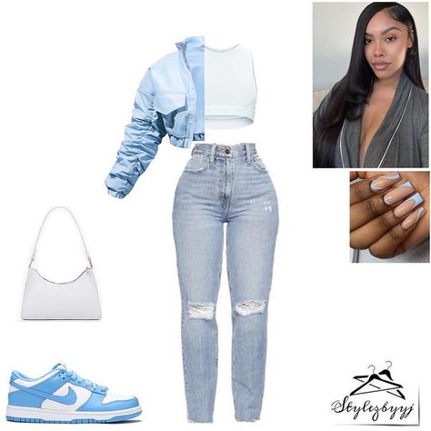 Blue And White Dunks Outfit, Blue And White Dunks, White Dunks Outfit, Fashion Outfits Baddie, White Dunks, Dunks Outfit, Teen Fashion Trends, Estilo Swag, Teen Swag Outfits