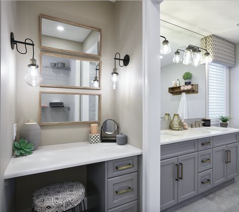 Design your bathroom with a separate vanity area for additional space to prim and pamper. Small Farmhouse Bathroom, Bathroom With Makeup Vanity, Farmhouse Bathroom Decor Ideas, Bathroom Retreat, Large Bathroom, Modern Bathroom Lighting, Revere Pewter, Bathroom Redesign, Modern Farmhouse Bathroom