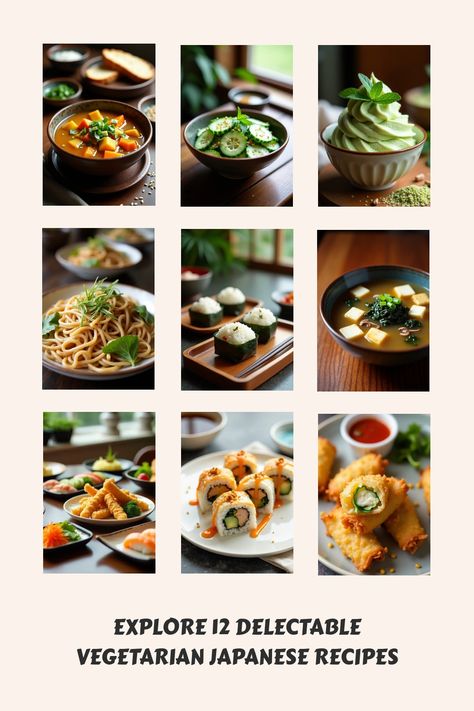 A collage of various vegetarian Japanese dishes including soups, salads, noodles, sushi rolls, and desserts. Tempura Tofu, Japanese Vegetarian Recipes, Veggie Sushi Rolls, Tofu Teriyaki, Vegetable Tempura, Vegetarian Japanese, Eggplant Stir Fry, Veggie Sushi, Japanese Cucumber