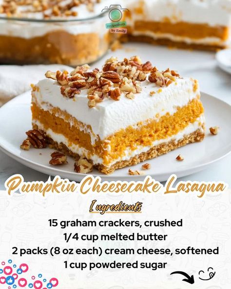 Tasty Treasures: Recipes & More | This Pumpkin Cheesecake Lasagna is the ultimate fall dessert | Facebook Pumpkin Cheesecake Lasagna Taste Of Home, Pumpkin Cheesecake Lasagna Dessert, Pumpkin Cheesecake Lasagne, Pumpkin Cheesecake Lasagna Recipe, Pumpkin Cheesecake Lasagna, Cheesecake Lasagna, Caramel Drizzle, Thanksgiving 2024, Pumpkin Recipes Dessert