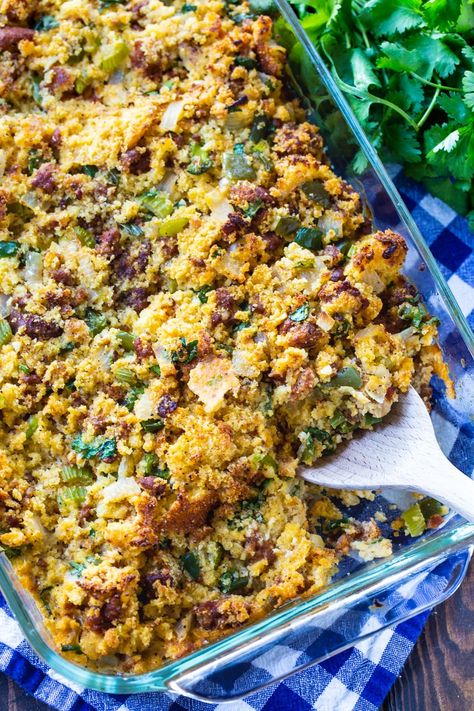 Spicy Corizo Cornbread Dressing Chorizo Dressing, Chorizo Cornbread, Thanksgiving Dinner For Two, Spicy Cornbread, Cornbread Stuffing Recipes, Sausage Cornbread Stuffing, Spicy Southern Kitchen, Cornbread Dressing Southern, Cornbread Stuffing