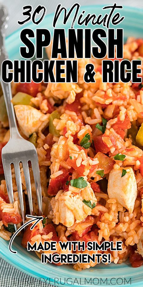 Dominican Chicken And Rice Recipes, Spanish Chicken Casserole Recipes, Spanish Rice Chicken Bowl, Spanish Rice Recipe With Chicken, Chicken With Spanish Rice Recipes, Mexican Chicken Recipes Skillet, Chicken Peppers Rice, Chicken Rice And Salsa Recipe, Chicken Rice Tomato Sauce Recipes