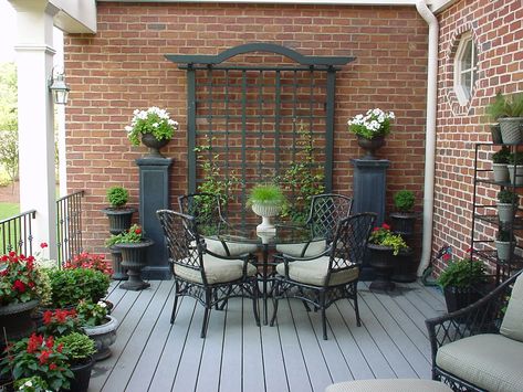 **Upgrade a patio** Trellis Patio, Gray Deck, Black Trellis, Patio Trellis, Courtyard Wall, Black Fence, Trellis Ideas, Wooden Trellis, Patio Pergola