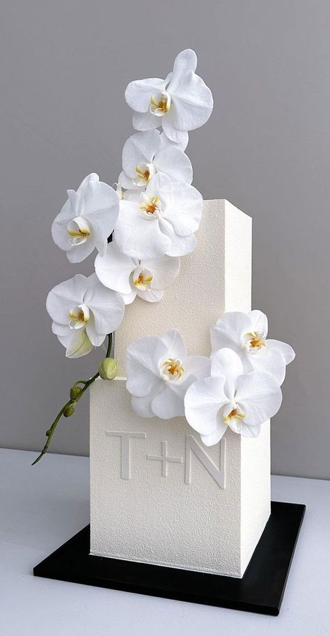 40 Eternal Elegance Wedding Cake Ideas : White Chocolate Spray Square Cake + Orchids Minimal Wedding Cake Design, One Tier Wedding Cake, K Cake, Cakes 2023, Square Cake Design, Orchid Wedding Cake, Wedding Cake Simple Elegant, Orchid Cake, Wedding Cake Trends