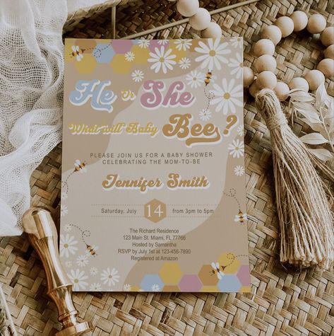 Retro Gender Reveal, Hippie Gender Reveal Ideas, He Or She What Will It Bee, Bee Gender Reveal Invitation, Gender Reveal Pinata, Sweet As Can Bee, Bee Gender Reveal, Gender Reveal Themes, Gender Reveal Ideas