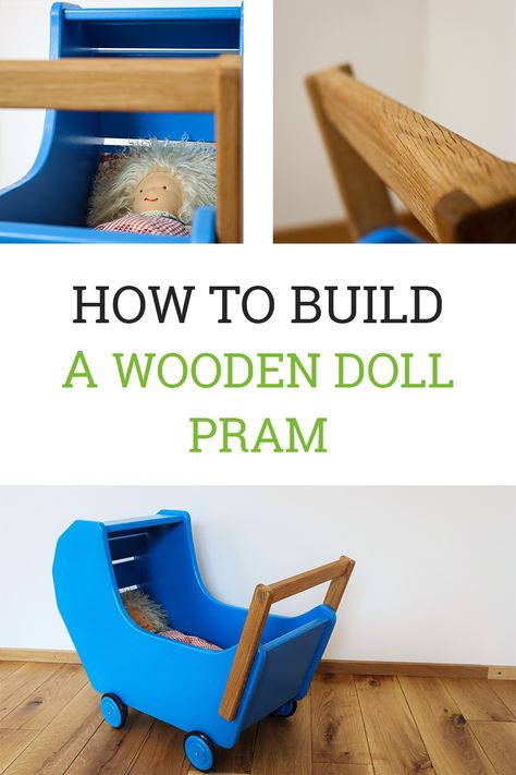 How to make a wooden doll pram. See the full video as well as the plans and the template to build one yourself! Diy Doll Stroller, Diy Dolls Pram, Diy Wooden Toys, Doll Pram, Baby Doll Strollers, Pram Toys, Barbie Dolls Diy, Diy Bebe, Plan Toys