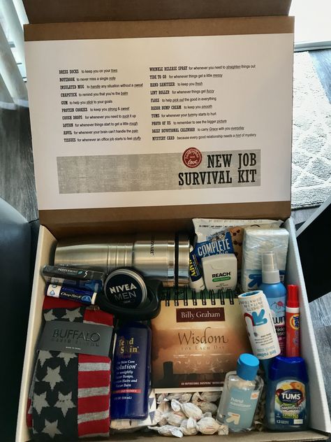 New Job Survival Kit I made for my boyfriend Boyfriend Survival Kit, New Job Survival Kit, Boyfriend Care Package, You're The Balm, Survival Kit Gifts, Boyfriend Gift Basket, Neuer Job, New Job Gift, Job Gifts