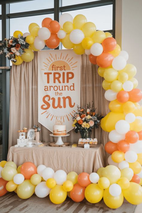 First Trip Around the Sun 1st Birthday Party Curious One Birthday, Summer Baby Birthday Ideas, Summer 1st Birthday Party Girl, First Birthday Girl Ideas, Birthday Ideas Themes, First Birthday Ideas, Girly Party Ideas, First Birthday Party Ideas, Baby First Birthday Themes