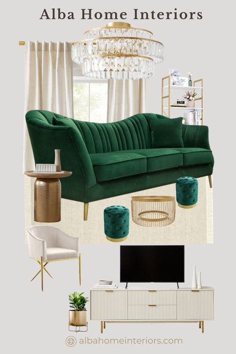 Emerald Green Salon, Emerald Green Sofa Living Room Ideas, Green Gold Living Room, Emerald Green Color Scheme, Glam Sitting Room, Beige And White Living Room, Airbnb Inspiration, Emerald Green Living Room, Green Office Decor