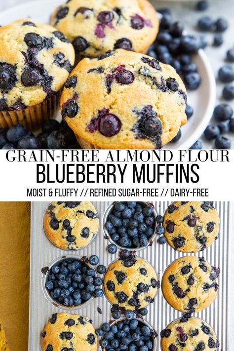 Blueberry Almond Flour Muffins made grain-free, dairy-free, and refined sugar-free. These healthy blueberry muffins are moist, fluffy, perfectly sweet and make for a wholesome snack or breakfast! #grainfree #paleo #glutenfree #healthy #muffins #almondflour Banana Muffins No Sugar, Frozen Blueberry Muffins, Sugar Free Blueberry Muffins, Dairy Free Blueberry Muffins, Almond Flour Blueberry, Almond Flour Blueberry Muffins, Paleo Blueberry Muffins, Flax Muffins, Gluten Free Blueberry Muffins