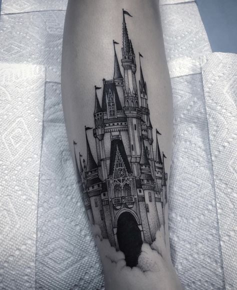 Princess Castle Tattoo, Disney World Castle Tattoo, Sleeve Tattoos Leg, Tattoo Sleeves For Women, Tattoo Castle, Clouds And Stars Tattoo, Mad Hatter Tattoo, Disney Castle Tattoo, Tattoos Leg