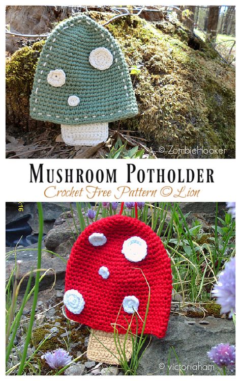 Crochet Mushroom Coaster Free Pattern, Crochet Mushroom Potholder Free Pattern, Crochet Kitchen Items Free Pattern, Mushroom Crochet Pattern Free, Potholder Patterns Free, Crochet Mushrooms, Crochet Shirts, Mushroom Crochet, Crochet Pot Holders Free Pattern