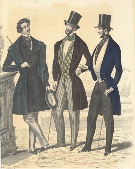 1844:  from the French journal L’Élégant : Journal Des Tailleurs  found in the  Bibliothèque Nationale de France. Victorian Inventions, Mens Victorian Fashion, 19th Century Men, Victorian Men, Victorian Man, Mens Fashion Illustration, 1800s Fashion, 19th Century Fashion, Mens Attire