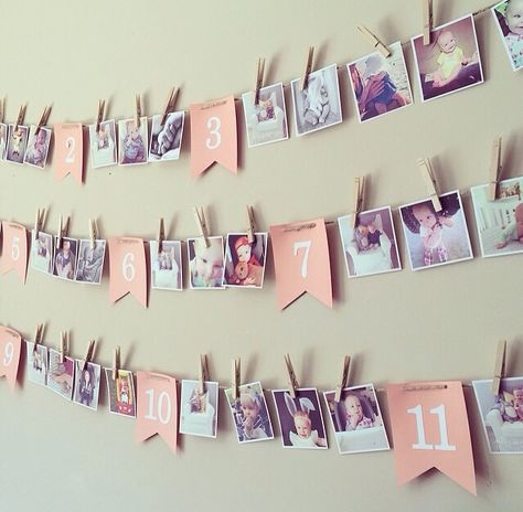 Diy Photo Garland First Birthday, First Birthday Photo Garland, 18th Birthday Photo Display Ideas, Birthday Picture Decoration Ideas, First Birthday Picture Display, Photo Garland Birthday, First Birthday Photo Display, Photo Garland Diy, Birthday Picture Banner