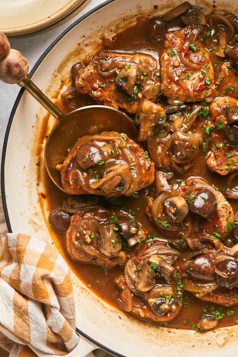 These easy pan seared pork tenderloin medallions are smothered in a mushroom and onion sauce. This one pan recipe takes 30 minutes to make Pork Tenderloin Mushroom Recipes, Gluten Free Pork Tenderloin Recipes, Whole 30 Pork Tenderloin, Pork Tenderloin With Mushrooms, Seared Pork Tenderloin, Pan Seared Pork Tenderloin, Pork Medallion Recipes, Pork Marsala, Pork Tenderloin Medallions